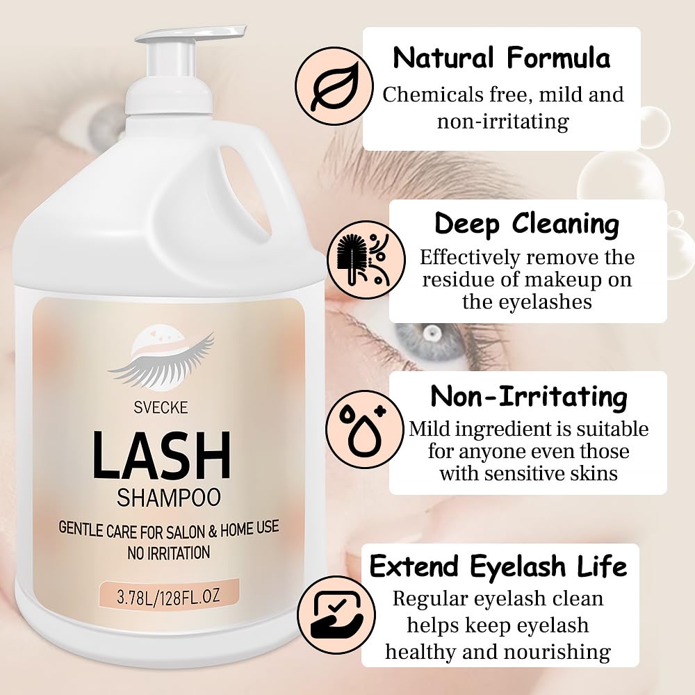 Eyelash Shampoo, 128 fl.oz/3.78L, with 50 Lash Extension Aftercare Cards, Foaming Cleanser for Professional Salon and Home Use
