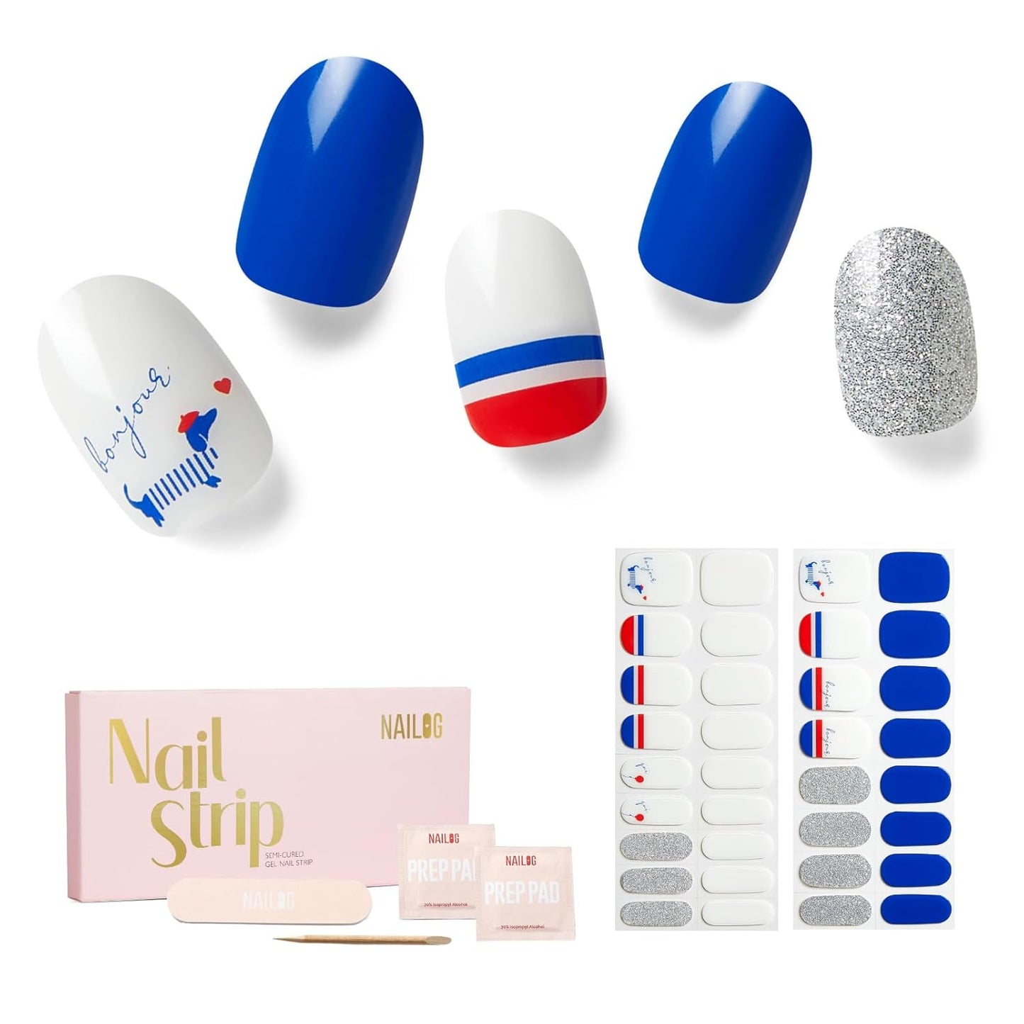 NAILOG Semi Cured Gel Nail Strips - 34 pcs | Buy 2 Get 1 UV Lamp | Long Lasting Nail Polish Sticker Wraps with Glossy Gel Finish, Bonjour