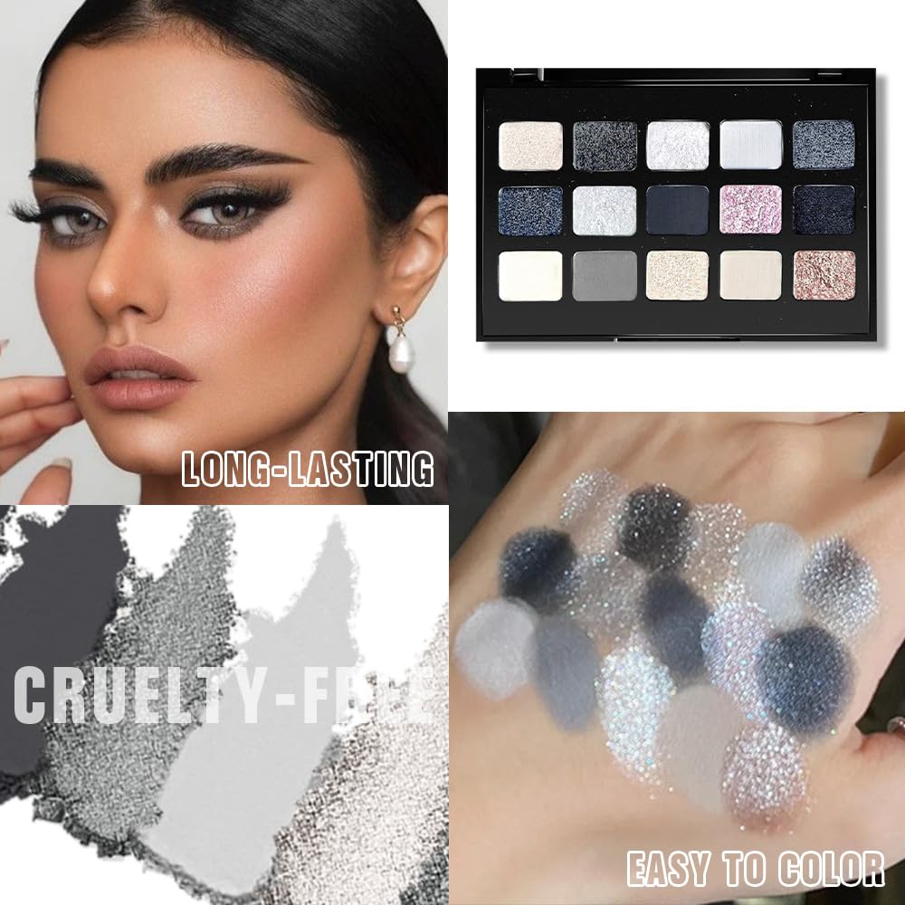 SUAKE 15 Colors Matte Shimmer Pearlescent Eyeshadow Palette for Eye Makeup,High Pigmented Smoky Dark Punk Metal Eye Shadow Primers Powder, Flashing sombras de ojos for Cosplay - Black Gold Blue Brown