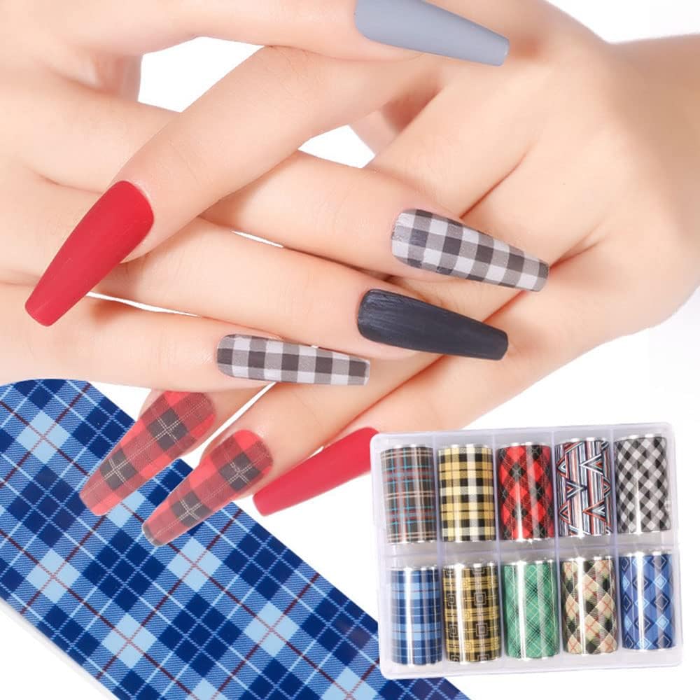 10 Colors Buffalo Plaid Nail Art Foils Christmas Nail Transfer Stickers Supplies Buffalo Plaid Design Nail Decal Tips Wraps Adhesive Glitters Acrylic DIY Nail Decoration