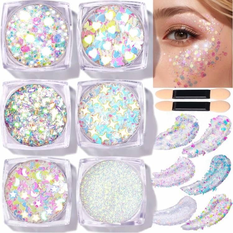 Teenitor Face Glitter Body Glitter, Clear White Body Glitter Gel, Hair Glitter Gel, 6 Shapes Rave Glitter, Mermaid Sequins Makeup Glitters Face Paint, Chunky Sparkling Glitter Gel for Women
