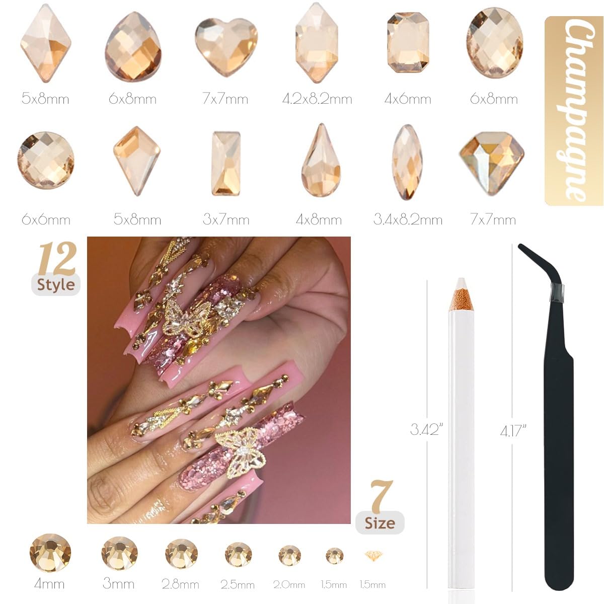 4080Pcs Gold Nail Rhinestones, More Quantity 1.5-4mm Mini Flatback K9 Glass Crystal & 3D Multi Shapes Gems, Champagne Gold Gems Round Stones Diamonds jewels Gemstones for Nail Face Eyes Makeup