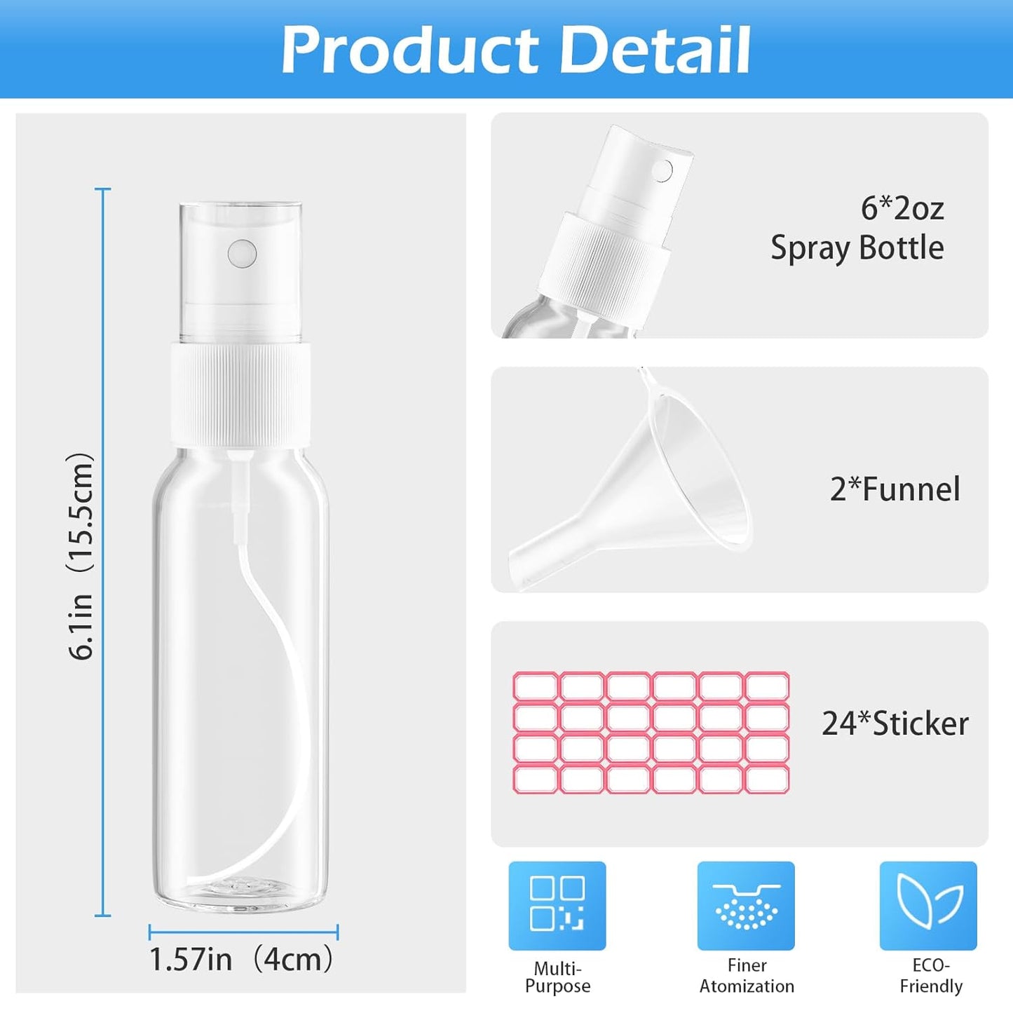 Spray Bottles, 4oz/120ml Clear Empty Fine Mist Plastic Mini Travel Bottle Set, Small Refillable Liquid Containers with 2pcs Funnels and 24pcs Labels (6 Pack)