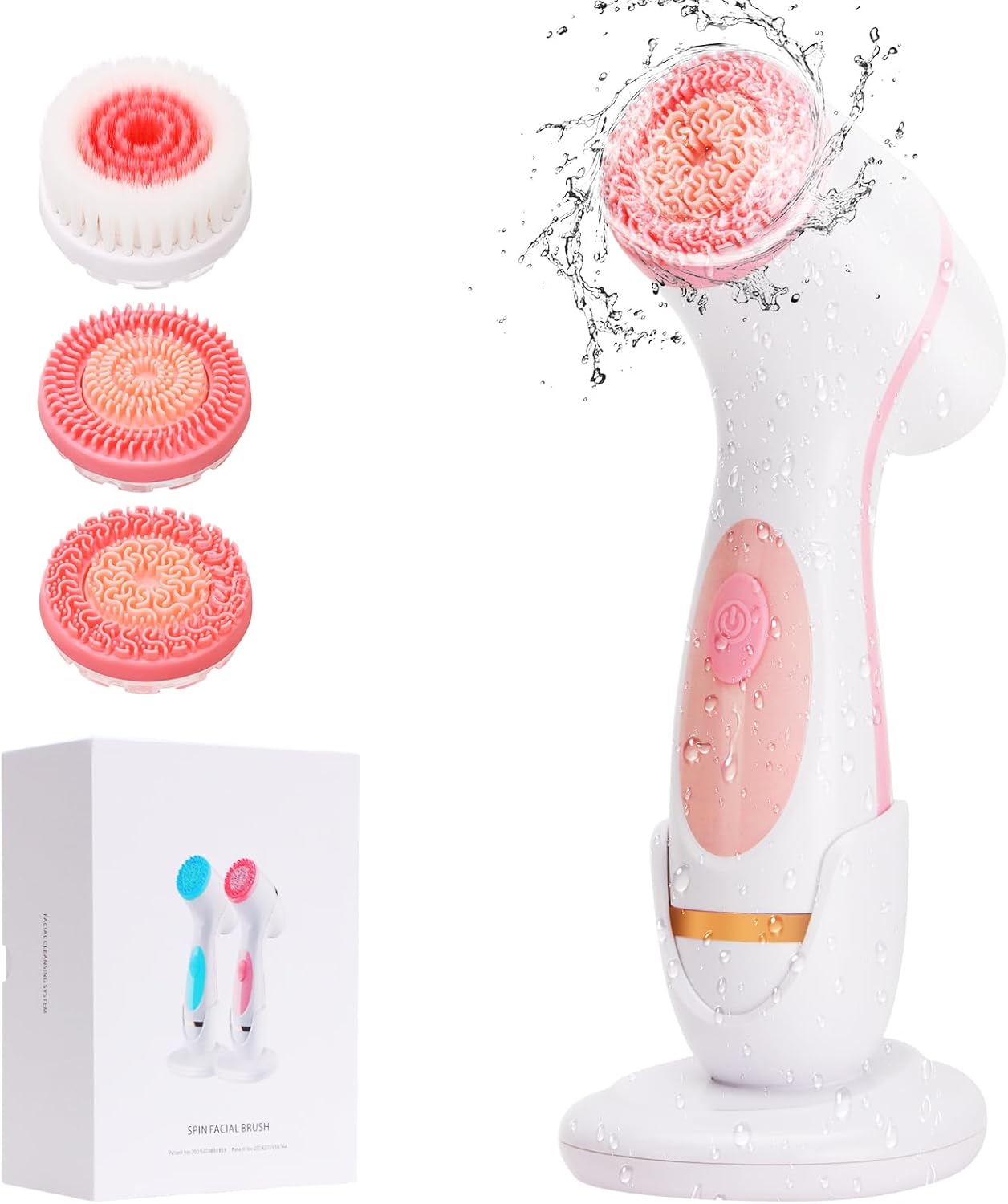 Facial Cleansing Brush, 3 in 1 Electric Face Scrubber with 3 Brush Heads for Women/Men, Waterproof Rechargeable Face Cleansing Brush for Dry Oily Sensitive Skin (Pink)