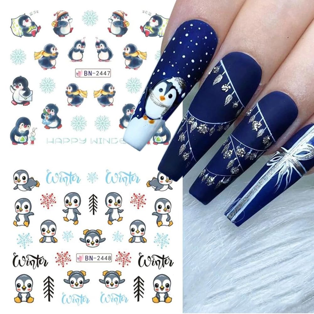 Snowflake Nail Art Stickers Decals Christmas Decorations - 12 Sheets Winter Snowman Elk Penguin Bear Design Water Transfer Slider Foils Supplies for Women DIY Acrylic