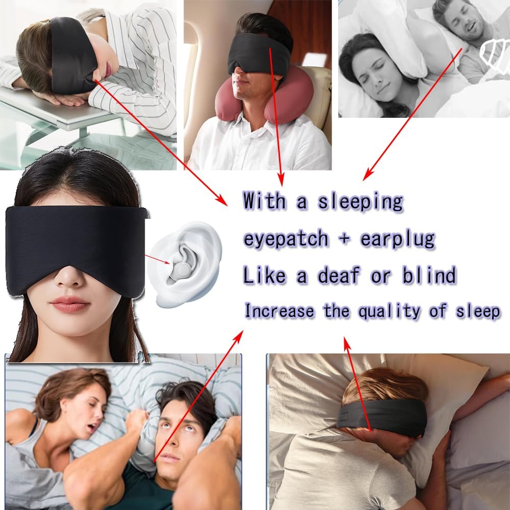 Silk Eye Sleep Mask for Sleeping Women Men, Blackout Blindfold Eye Mask+soundproof Ear Plugs, Rest Like A Deaf or Blind Person, Noise Cancelling Earbuds Mask for Travel Night Best Sleep Mask (Pink)