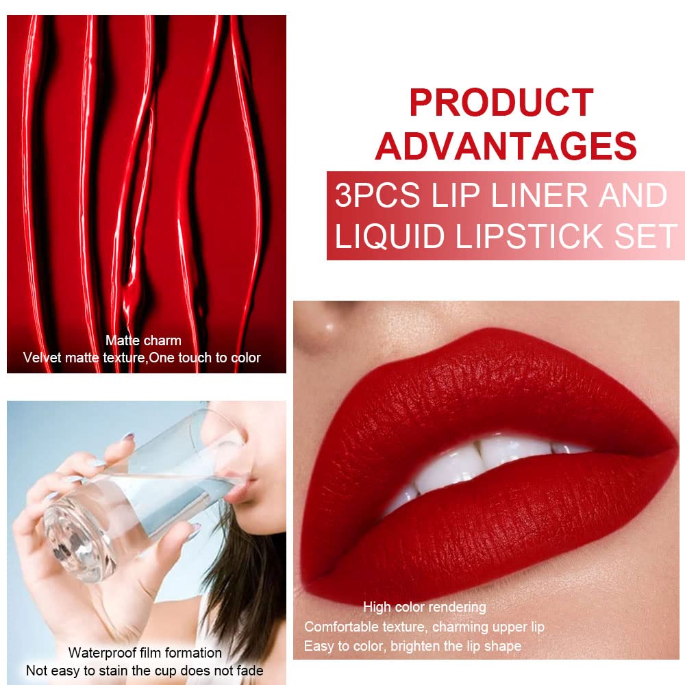 evpct 3Pcs Ruby Bright Dark Red Lip Stain Paint Matte Lip Liner and Liquid Lipstick Set for Women Long Lasting, labiales mate larga duracion listip 24 hours a prueba de agua mate 24 horas originales