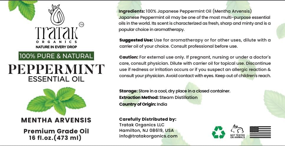 Peppermint Essential Oil - 100% Pure and Natural Oil with Premium Dropper - Undiluted Essential Oil for Aromatherapy, Diffuser, Hair Care, Skin Massage and DIY's - Huge 16 Oz