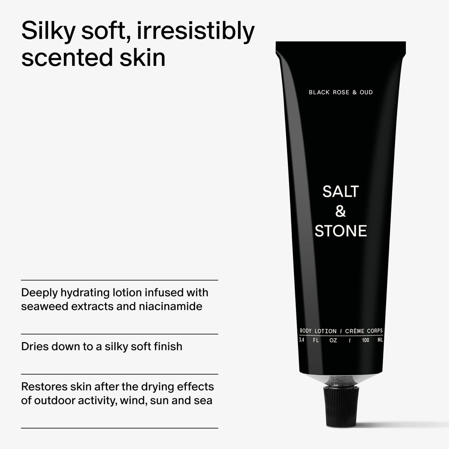 Salt & Stone Body Lotion for Women & Men | Hydrates, Nourishes & Softens Skin | Restores Dry Skin | Fast-Absorbing | Cruelty-Free & Vegan (100 ml) (Black Rose & Oud)