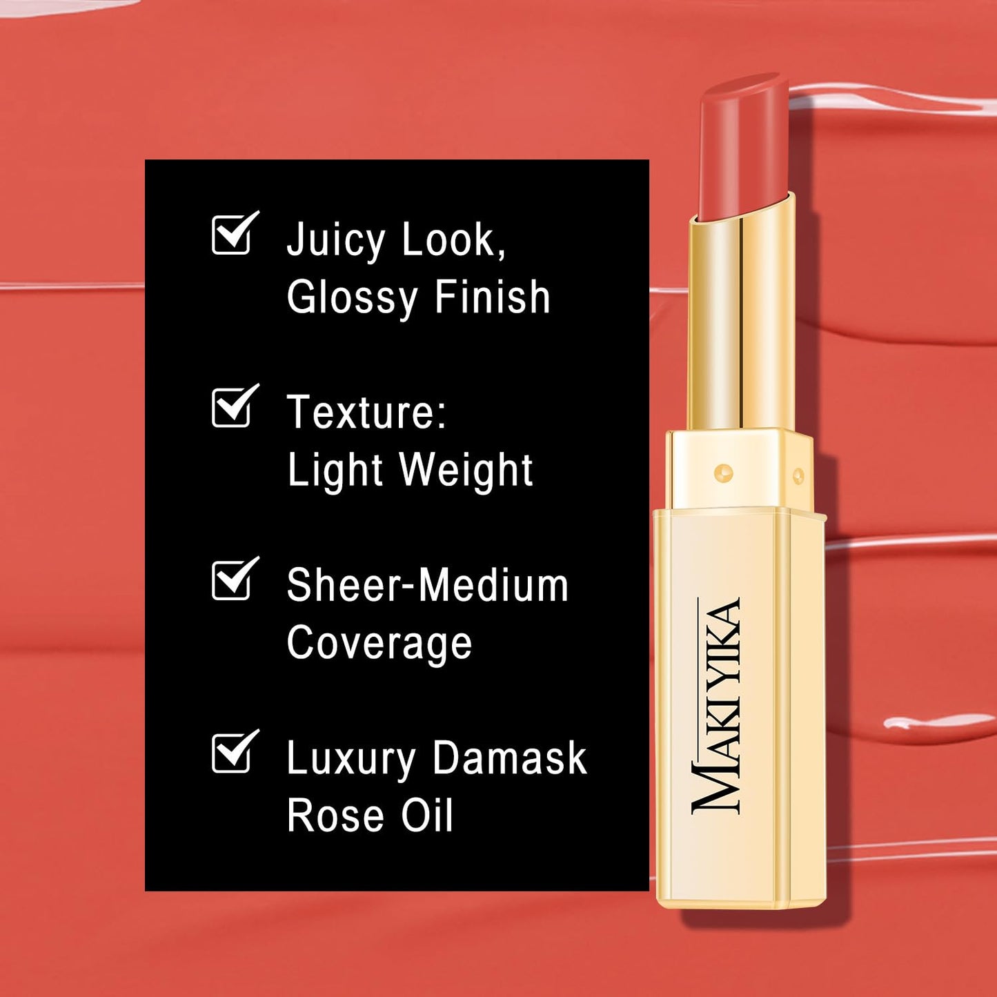 MAKI YIKA Moisture Coral Red Lipstick for Women Hydrate Lip Balm for Dry Cracked Lips Weightless Glossy Lip Color Juicy Finish,MA053 Coral Red