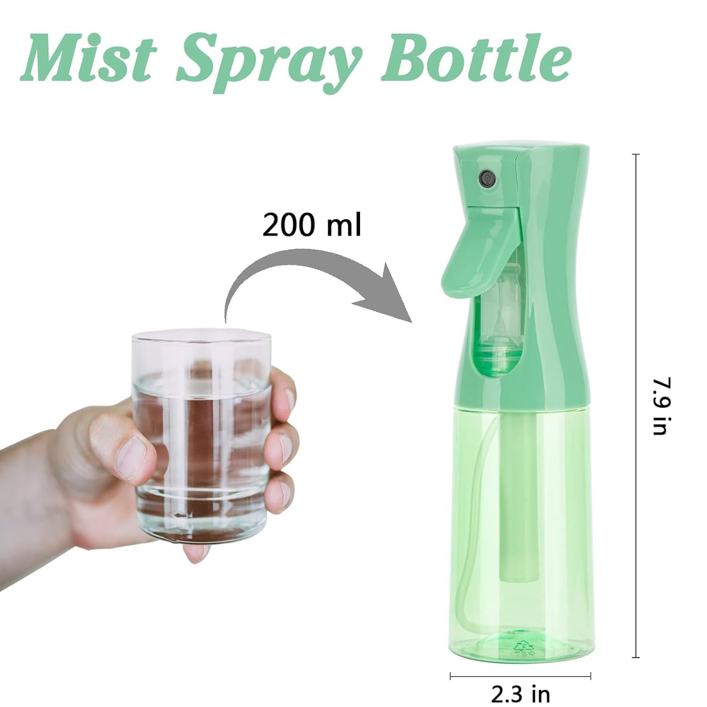 Spray Bottle for Hair (6.8OZ /200ML) Continuous Ultra Fine Mist Sprayer for Hair, Salons, Barber, Plants, Skin Care, Cleaning 1 Pack CLEAR Green