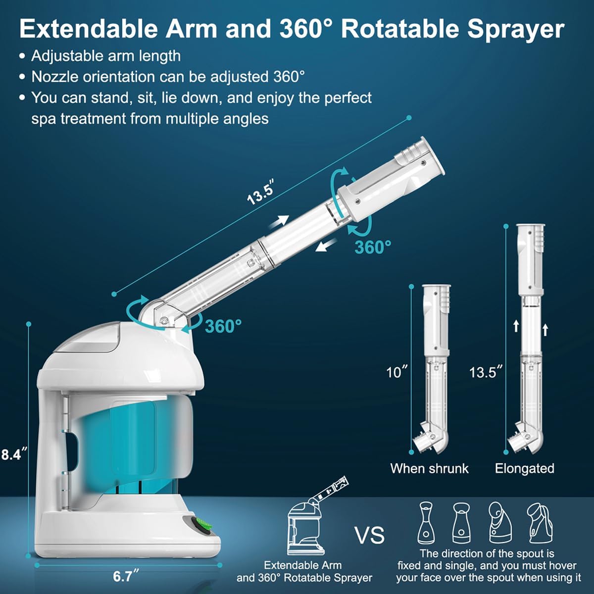 Facial Steamer - DENFANY Nano Ionic Face Steamer with Extendable 360° Rotating Arm - Portable Facial Steamer for Personal Care at Home or Salon (Blue)