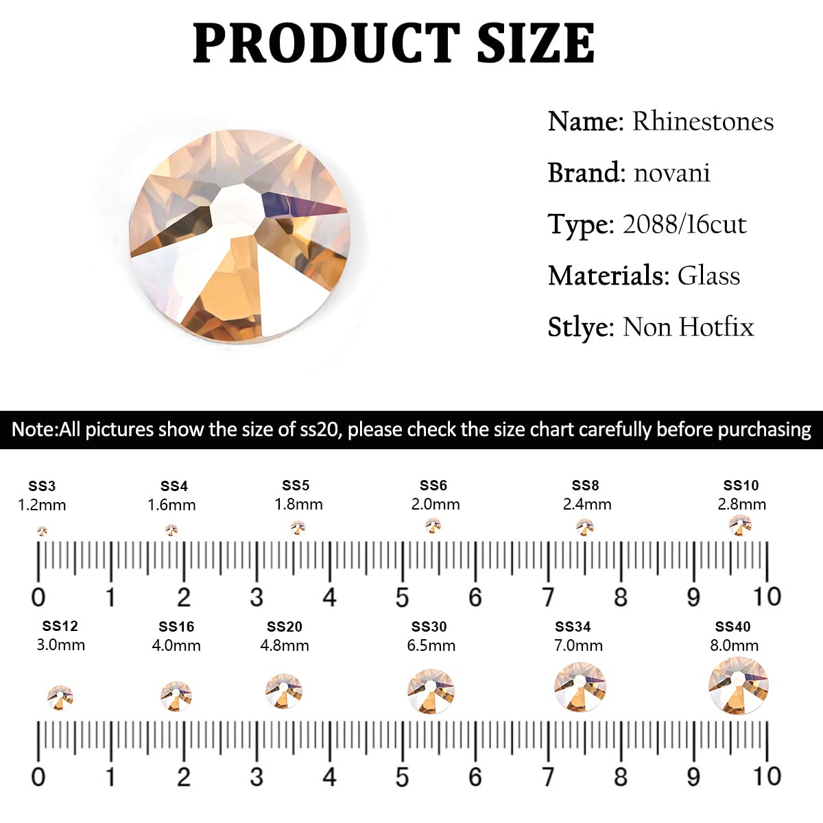 Novani Golden Shadow Rhinestones 1440pcs Flat Back Round Rhinestone Style 2088 Sparkly Crystal Gemstones for Nail Art and Crafting SS16,3.8-4.0mm