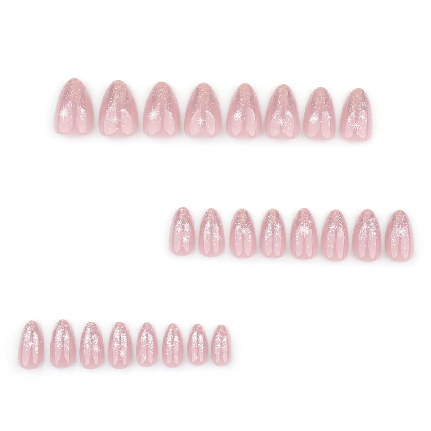 Pink Press on Nails Short Almond, French Fake Nails with Sparkly Silver French Tips and snowflake Designs, Glossy Gel Finish Acrylic Nails, Thick Reusable Glue on Nails Kit for Women, 24Pcs
