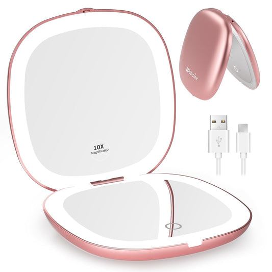 WOBSION Rechargeable Lighted Travel Makeup Mirror,1x/10x Compact Magnifying Mirror with Lights,Portable for Bag,4inch,Gift,Rose Gold