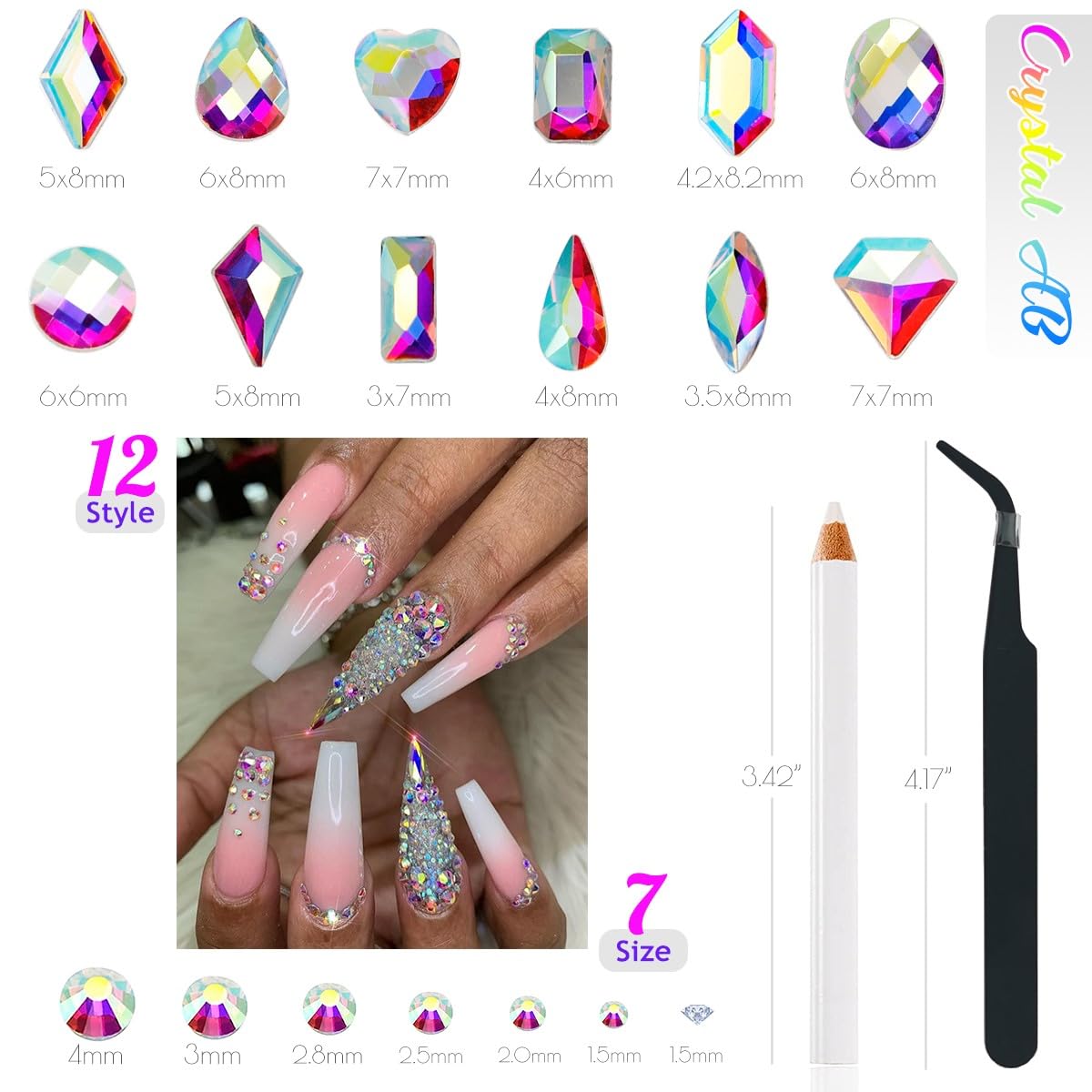 4080Pcs Crystal AB Nail Rhinestones 1.5-4mm More Quantity Glass Iridescent Flatback Gems for Nails Round Beads Stones Diamonds jewels Nail Art Charms for Nails Face Eyes Makeup Tumblers Crafts