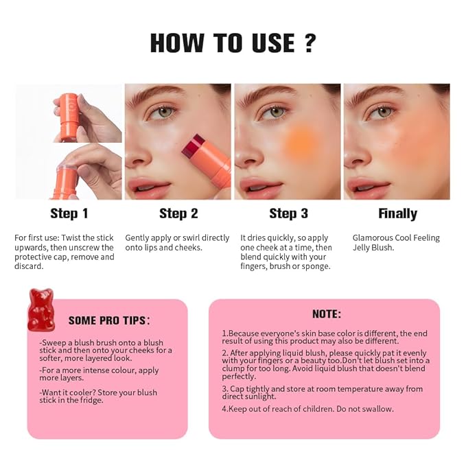 Jelly Cooling Blush Stick, Milk Water Tint, Clear Glossy Long Lasting Sheer Lip & Cheek Stain, Waterproof Light Non-Sticky Buildable Watercolor Finish-Vegan, Cruelty Free (#4 berry, 0.17oz)