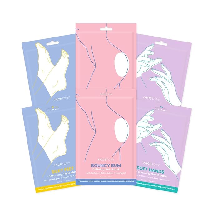 FACETORY Body Spa Sheet Mask Bundle Variety Pack of 6 with Korean Sheet Masks for Feet, Hands, and Butt - Softening, Hydrating, Nourishing, Moisturizing, for Dry, Cracked Skin