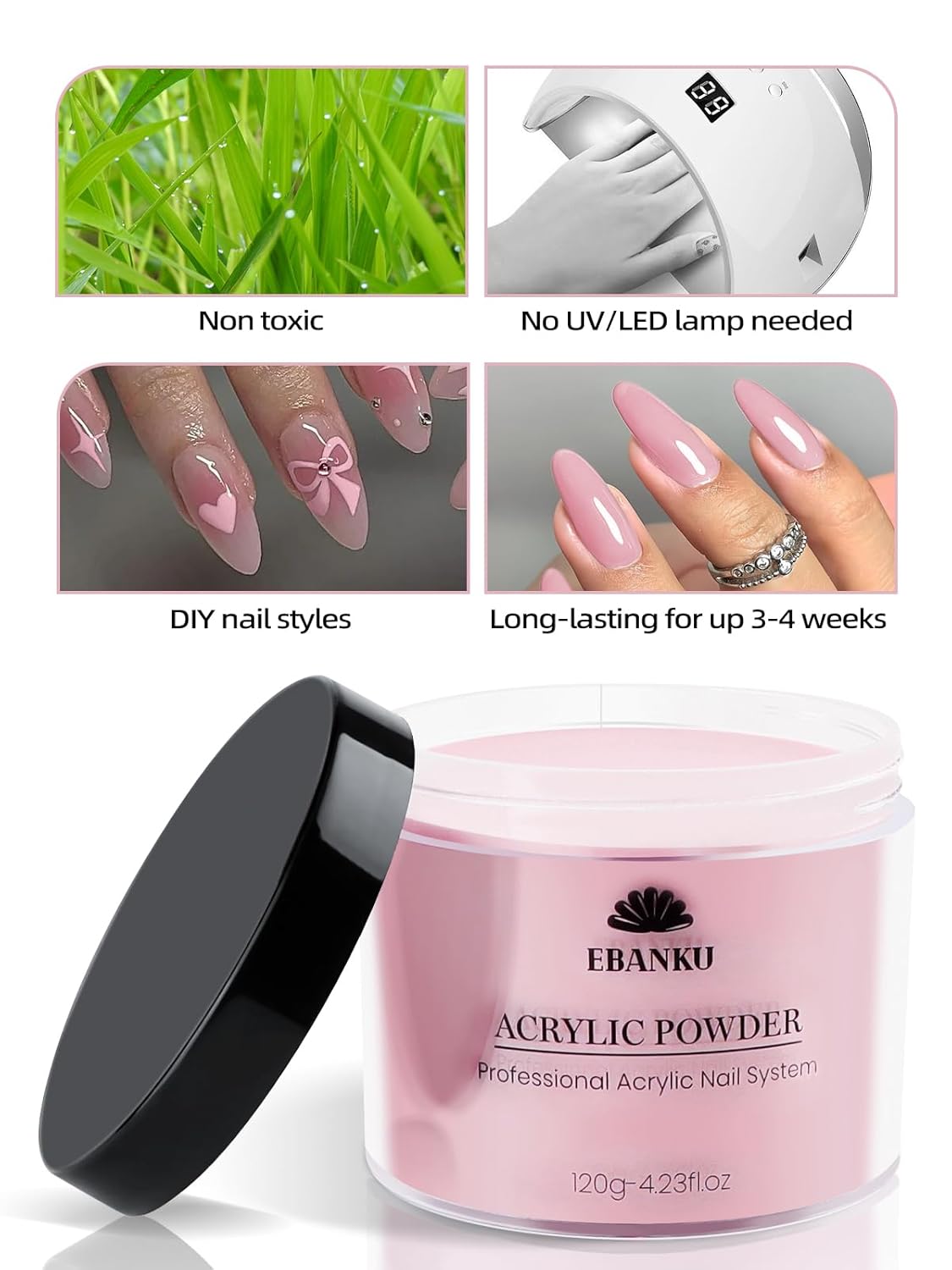 Pink Acrylic Powder, EBANKU 120g/4.23oz Cover Pink Nail Acrylic Powder Large Capacity Professional Acrylic Nail Powder for Nail Extension, Nail Carving, Long-Lasting, No Nail Lamp Needed