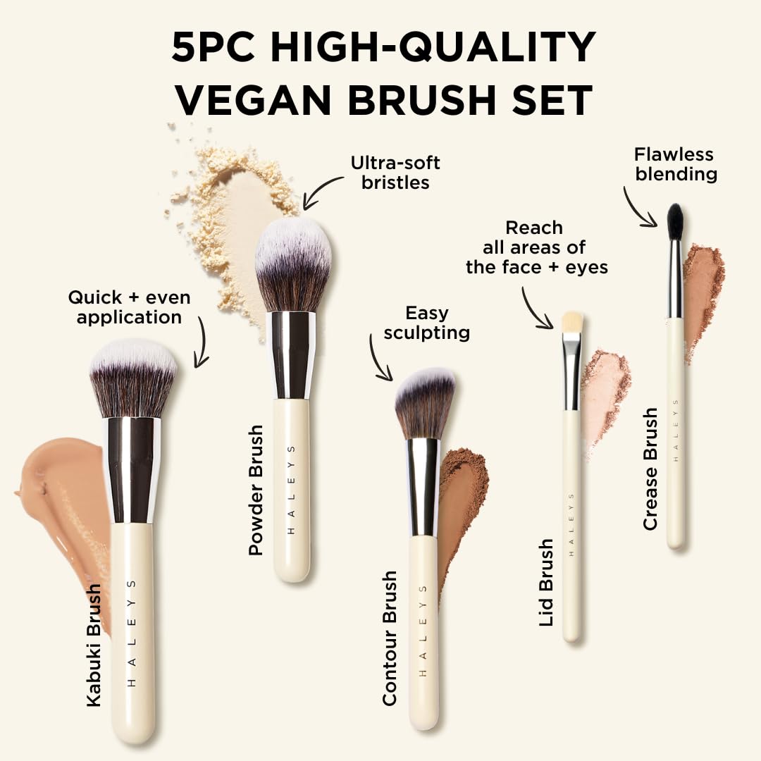 HALEYS Makeup Brush Set 5 pcs: Soft, Streak-free, Perfect Blending, Buff, Blurs and Smooth, Premium Luxury Vegan Bristles, For Liquid, Cream or Powder, Vegan, Cruelty-free, Sustainable Wood