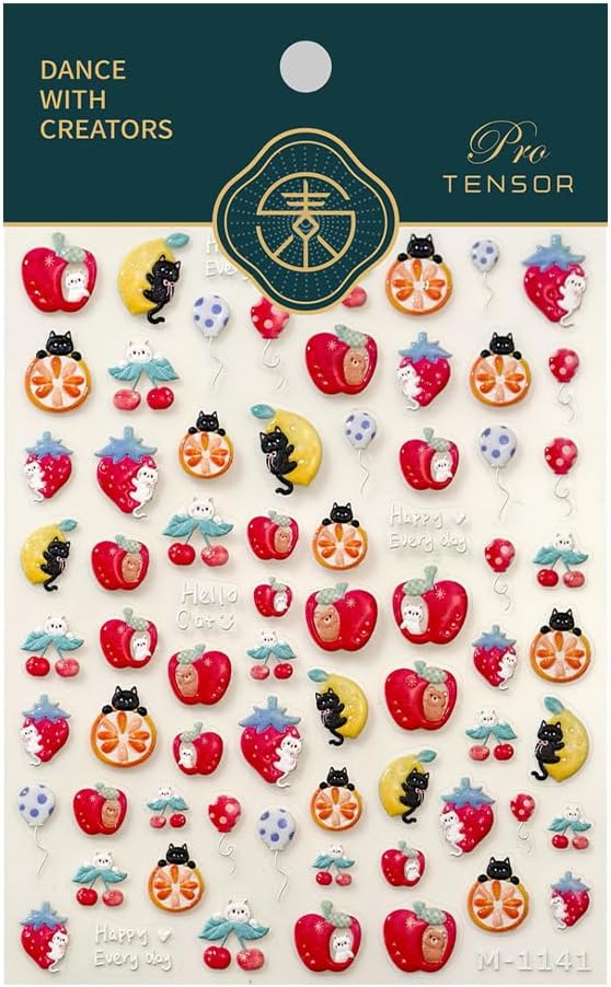 Apple Nail Art Stickers Cat Nail Decals for Nails Art Cute Nail Stickers Red Orange 5D Embossed Self Adhesive Fruit Nails Charms for Women Girls Kid Manicure DIY Decoration Accessories