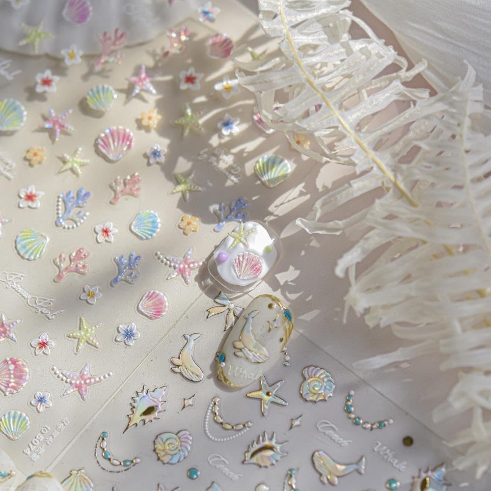 Pearl Ocean Nail Stickers 3D Self-Adhesive Shell Nail Art Stickers Starfish Nail Decals 5D Embossed Coral Nails Supplies Gemstone Nails Designs Summer Nail Decoration for Women DIY Manicure 2 Sheets
