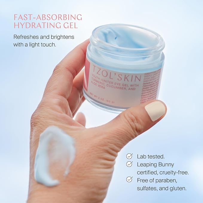 TZOL’SKIN - Youth Igniter Eye Gel - For Tired Eyes - Reduces Look of Puffiness, Fatigue & Dark Circles - Hydrating & Smoothing - Caffeinated - No Paraben, Silicones & Sulfates - Vegan - Cruelty Free