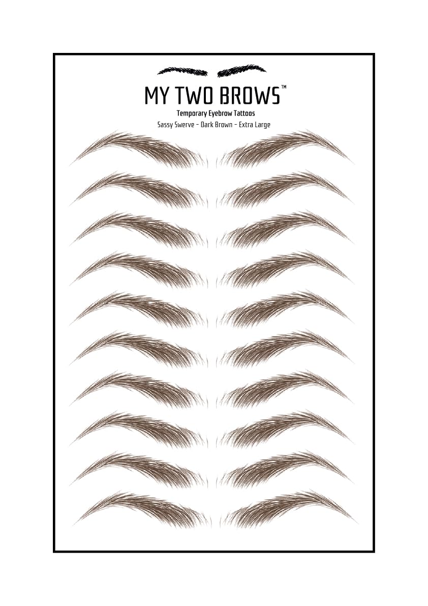 (10 pairs) Dark Brown Temporary Eyebrow Tattoo - Extra Large Size - Waterproof & Smudgeproof - Sassy Swerve Style Eyebrow Stickers - Sheet Lasts up to 30 Days - Won't Work on Existing Brows