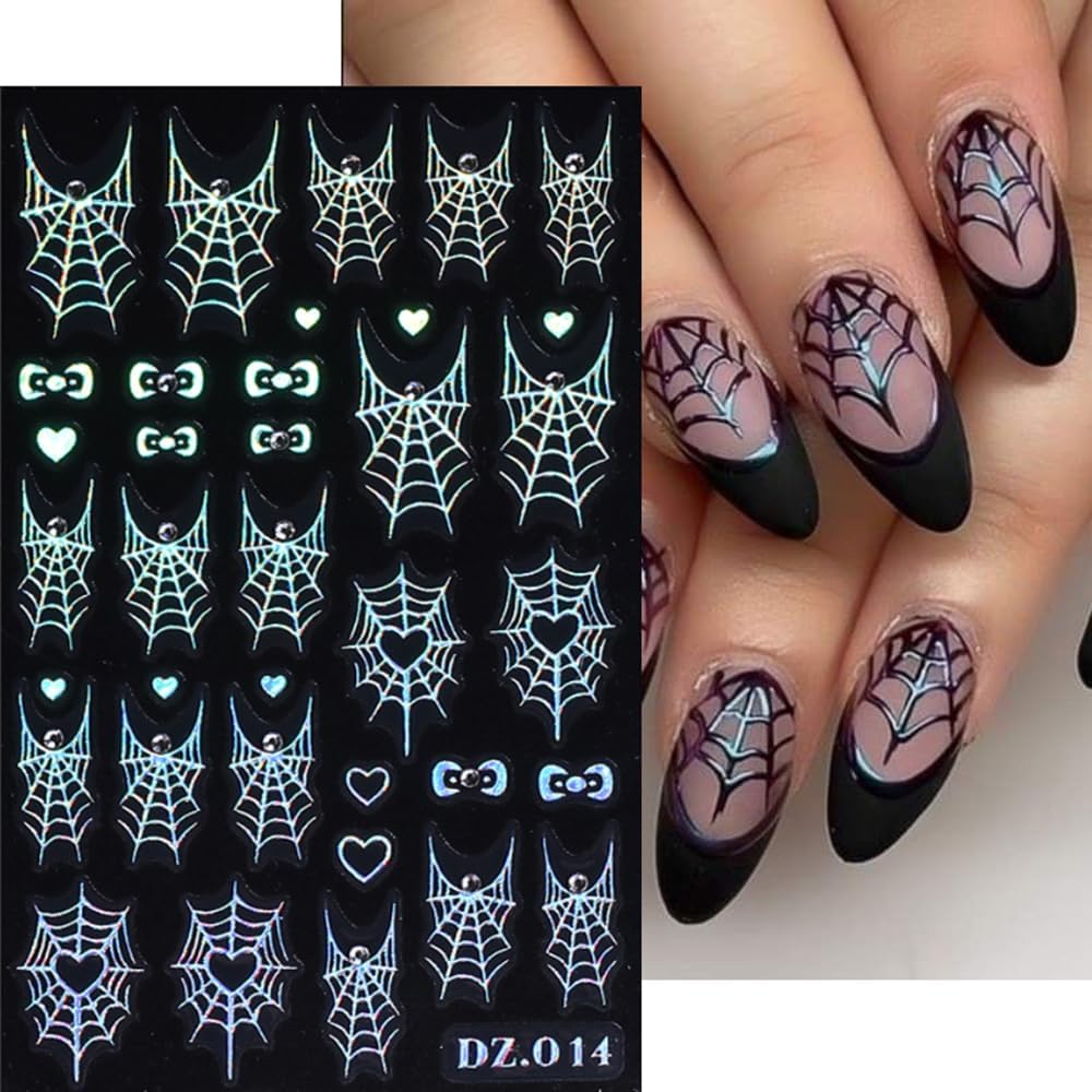 5D Halloween Heart Spider Web Nail Art Stickers - White, Black, Rainbow, Gold, Laser Silver Nail Decals with Rhinestone Accents, Self-Adhesive Nail Adhesive Sliders for Women Art Decorations 5 Sheets