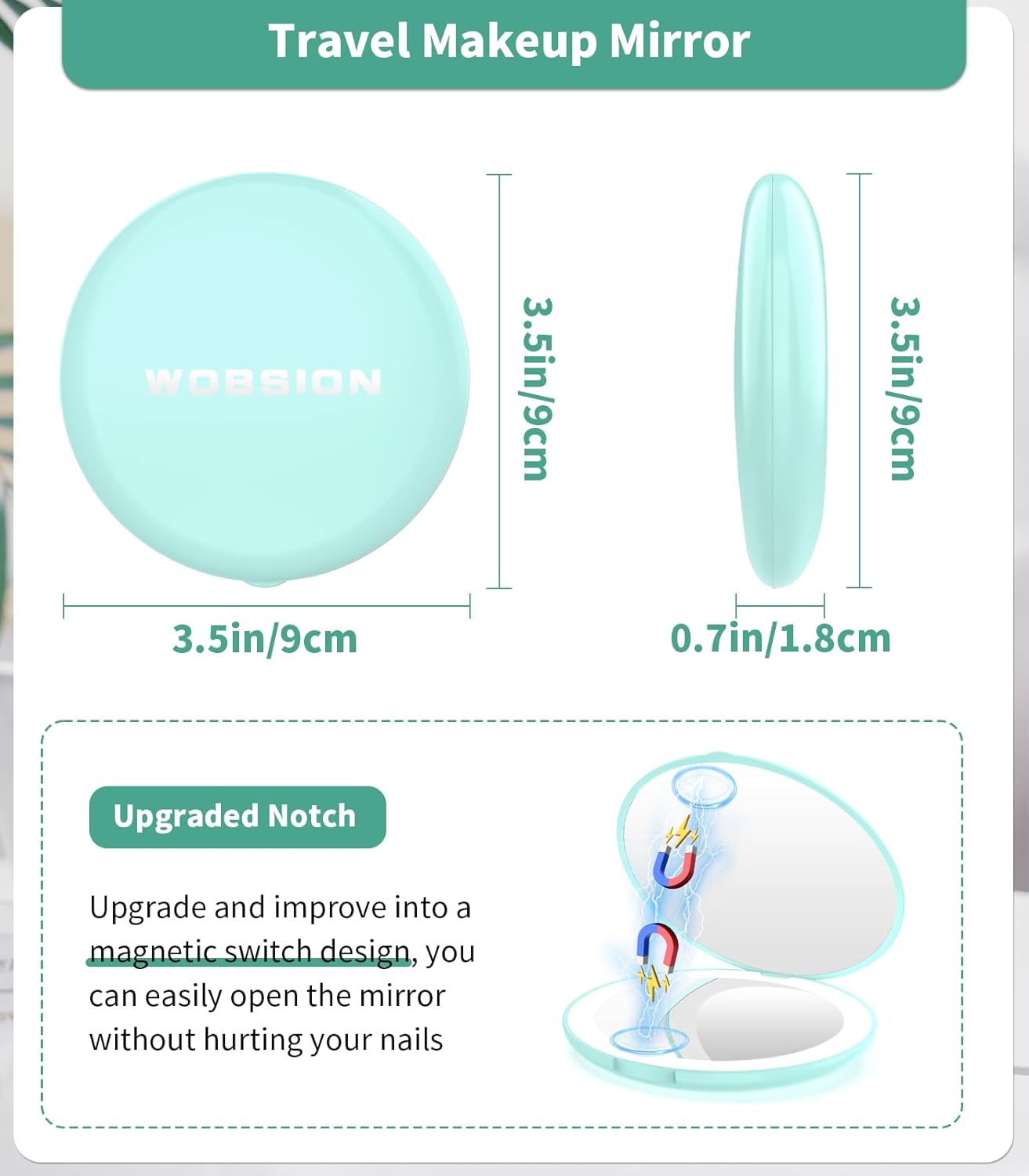 WOBSION Travel Compact Mirror,Portable 1x/10x LED Makeup Mirror with Magnification,Handheld 2-Sided Pocket Mirror, 3.5in Small Mirror for Purse,Handbag,Gift,Cyan&Pink,2 Pack