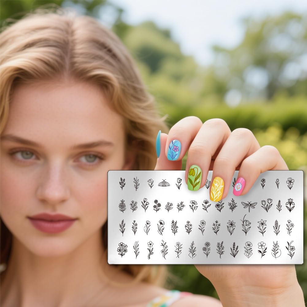 UNICRAFTALE 3Pcs Nail Stamp Plates Set Flower Stamping Plate Flower Leaves Stamp Templates Image Nail Stencils Nail Art Plates with Nail Scraper for Women DIY Nail Design Tools