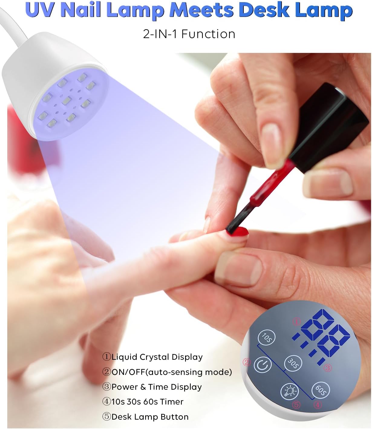 UV LED Nail Lamp - Gooseneck UV Light for Gel Nails Cordless USB 27W Nail Dryer 2 in 1 Gel Lamp and Desk Lamp with 4 Times & Auto Sensor Professional Fast Flash Curing Polish Nail Art(White)