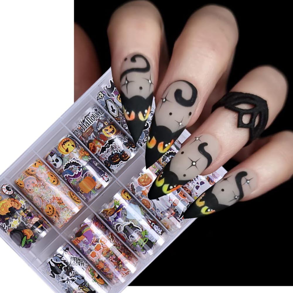10 Rolls Halloween Nail Foil Transfer Stickers Decals, Kawaii Halloween Nail Polish Sheets Sky Starry Paper Transfer Foils Cartoon Pumpkin Skeleton Glue Women Manicure Nail Film Decorations