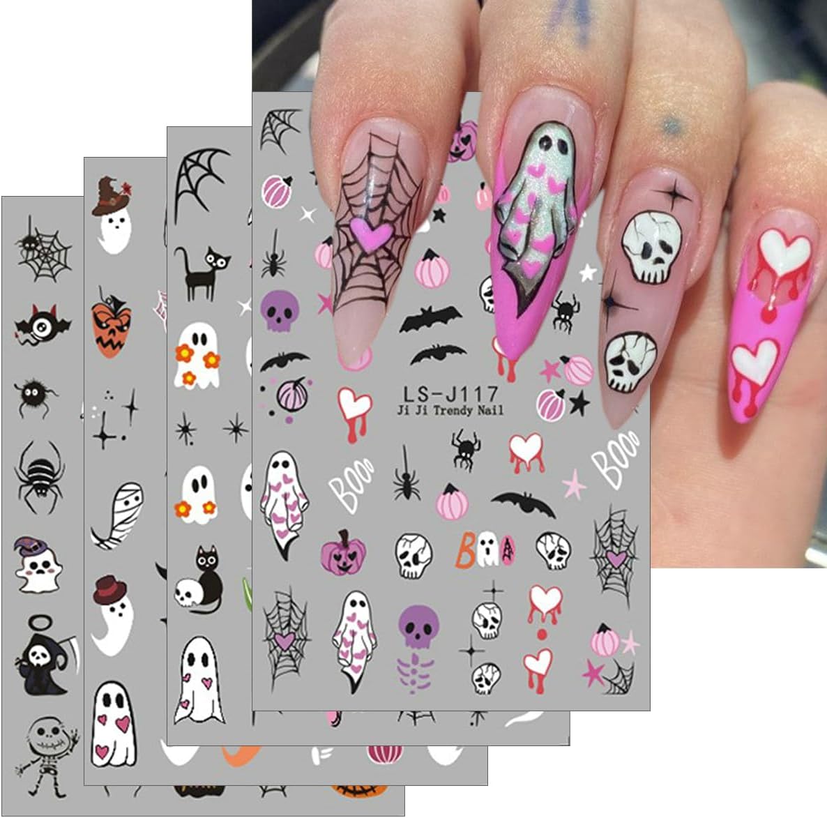 Halloween Nail Stickers for Nail Art, 8Pcs 3D Halloween Nail Art Stickers Cute Cat Ghost Pumpkin Nails Decals Skull Spider Web Bat Design Self-Adhesive Nails Art Supplies for Women DIY Manicure Decor