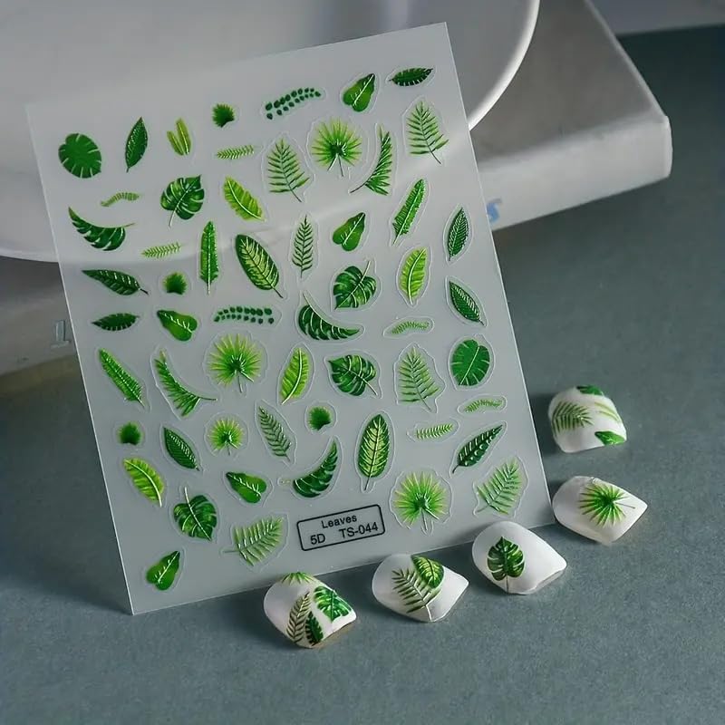 Fall Nails Stickers Monstera Leaves Nails Sticker 5D Embossed Banana Leaf Self Adhesive Sticker Nail Decals Green Leaves Thanksgiving Nail Art Decal Halloween Decals for Nail DIY Manicure 1Sheet