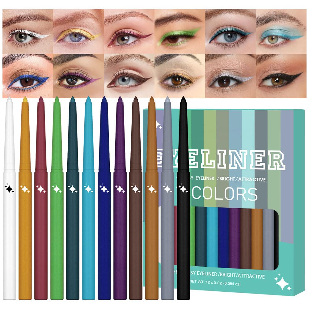evpct 12Pcs Colored Glitter Shimmery Shimmer Gel Eyeliner Pencils Set for Women, Green Blue White Black Purple Eyeliner Waterline Waterproof lapiz de ojos delineador de ojos contra el agua eye Makeup