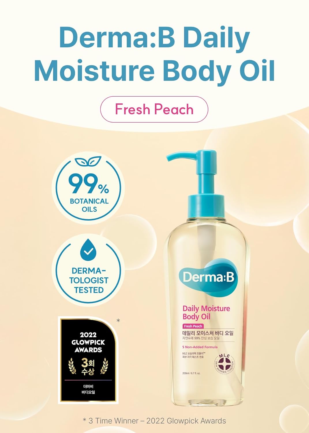 Derma B | Daily Moisture Body Oil | 99% Natural Argan & Sweet Almond Oil | Shower Oil for Dry Sensitive Skin | Light & Long-Lasting Hydration | Skin Body Care Oil with Peach Scent | 6.78 fl oz (200ml)