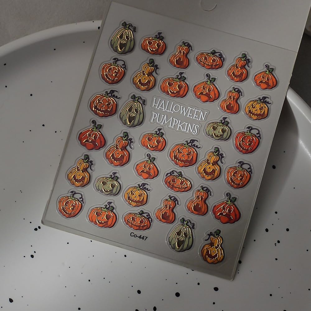 Halloween Nails Stickers Orange Pumpkins Nails Sticker 3D Embossed Horrible Pumpkins Self Adhesive Sticker Nail Decals Green Yellow Nail Art Decal Halloween Decals for Nail DIY Manicure 1Sheet