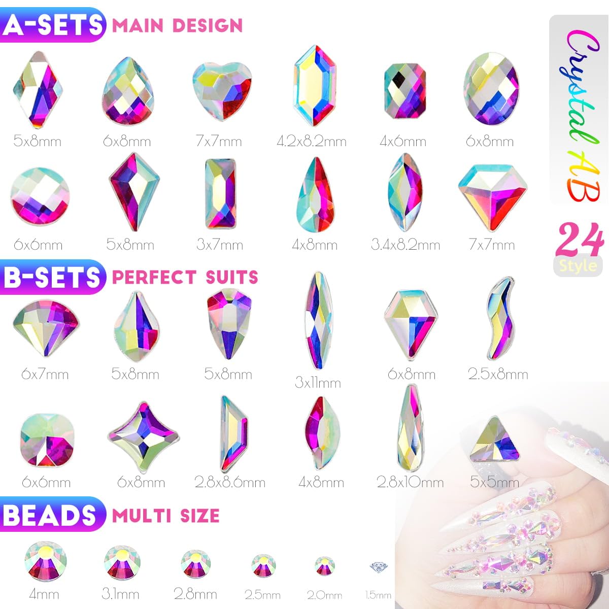 4 Boxes AB Crystal Nail Rhinestones Glitters Powder 24 Shapes K9 Glass White AB Gems Flatback Round Stones Diamonds Crystals Nail Art Charms Supplies for Acrylic Nails Face Makeup DIY Crafts Tumblers