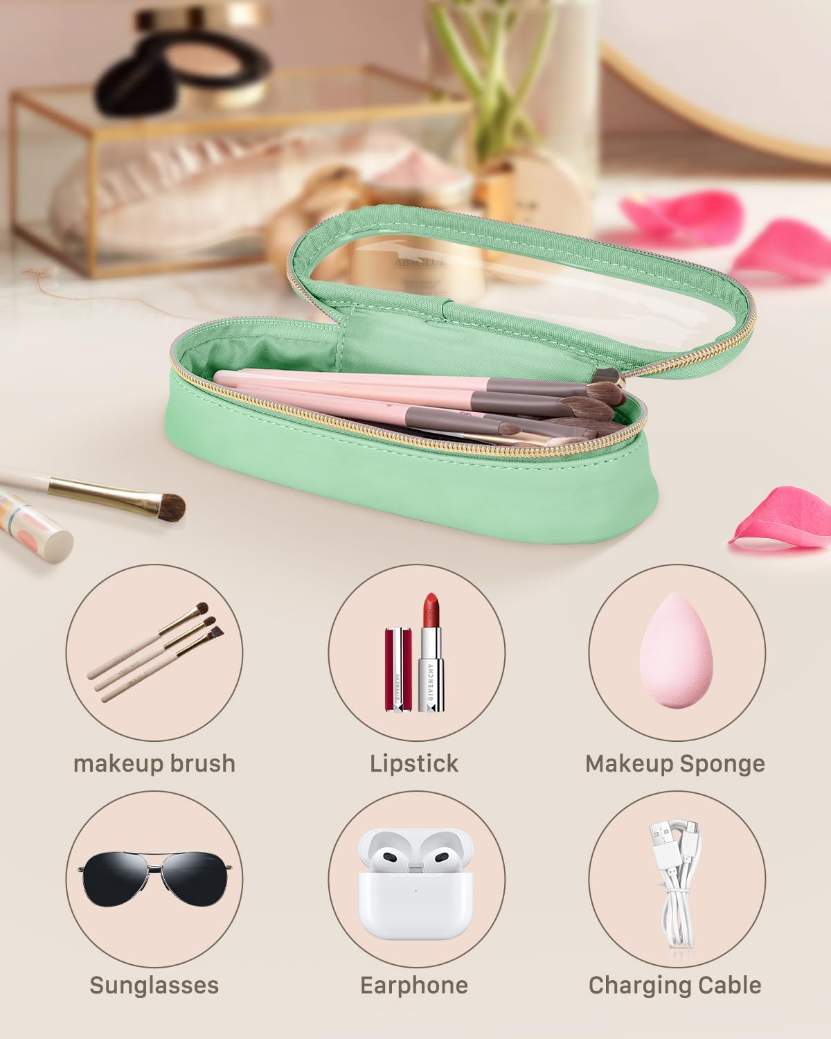 Clear Travel Makeup Brush Holder, Leather Makeup Brush Toiletry Bag, Portable Cosmetic Brush Case, Transparent Waterproof Makeup Brush Storage Bag, Mint Green