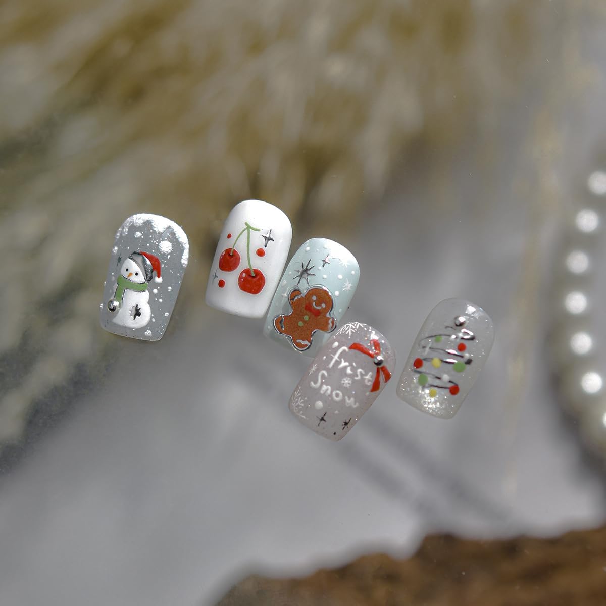 Christmas Nail Art Stickers 5D Embossed Happy Gingerbread Man Nail Stickers Snowman Xmas Light Xmas Tree Snowflake Cherry Nail Decals for Women Girls Winter Holiday Manicure DIY Nail Supplies 1 Sheet