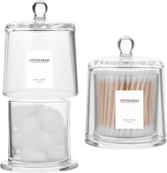 rejomiik 2 Pack Qtip Holder Thick Glass Apothecary Jars with Lid for Bathroom Accessories Vanity Organizers and Makeup Storage for Cotton Ball, Swabs, Makeup Sponges, Candy, Jewelry, Clear