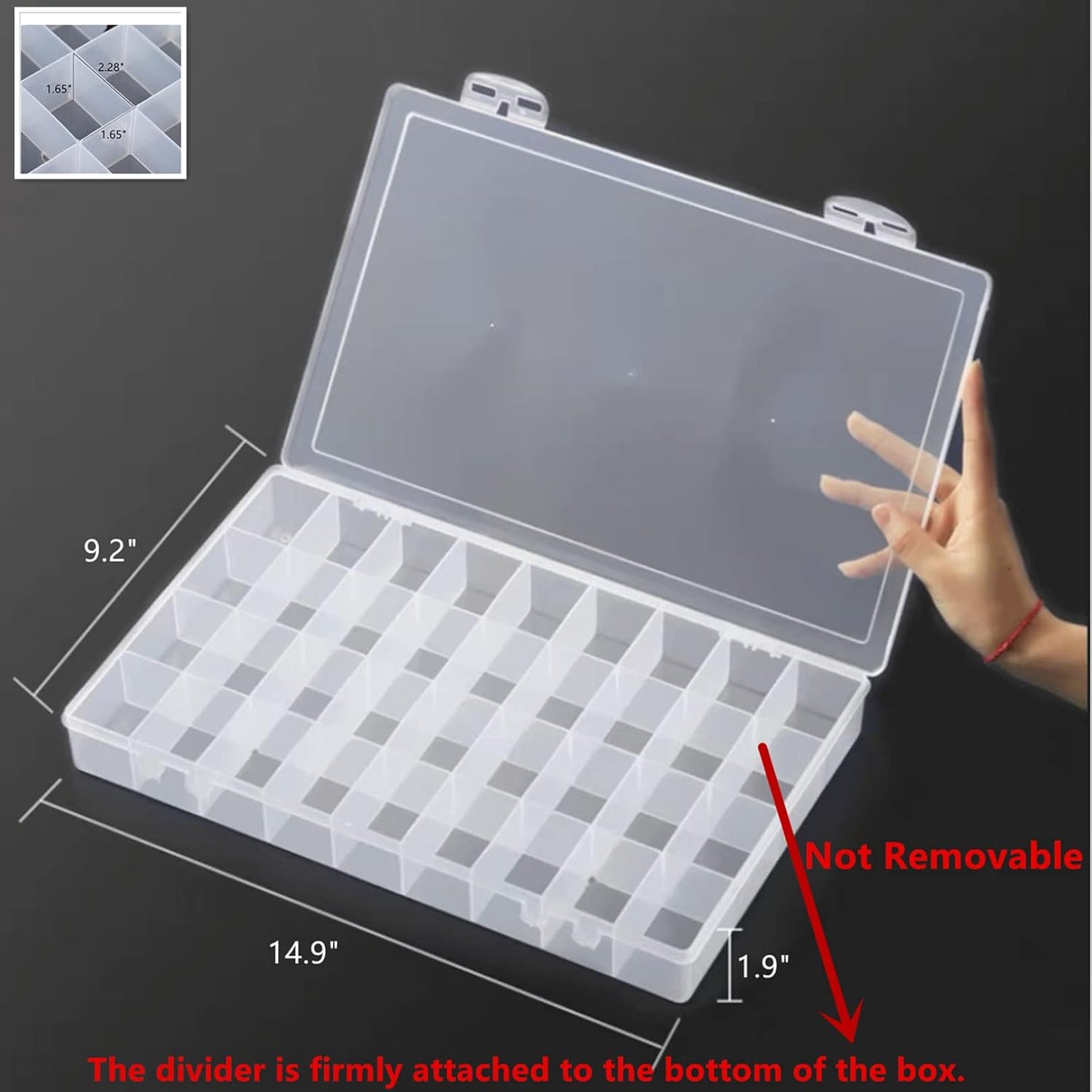 Feadily 1PCS 36 Grids Large Plastic Organizer Box with Dividers, Compartment Organizer Box for Nail Accessories/Screw/Sewing Arts and Oil Paint, Bead Storage Containers 14.9" x 9.2" x 1.9" (Clear)