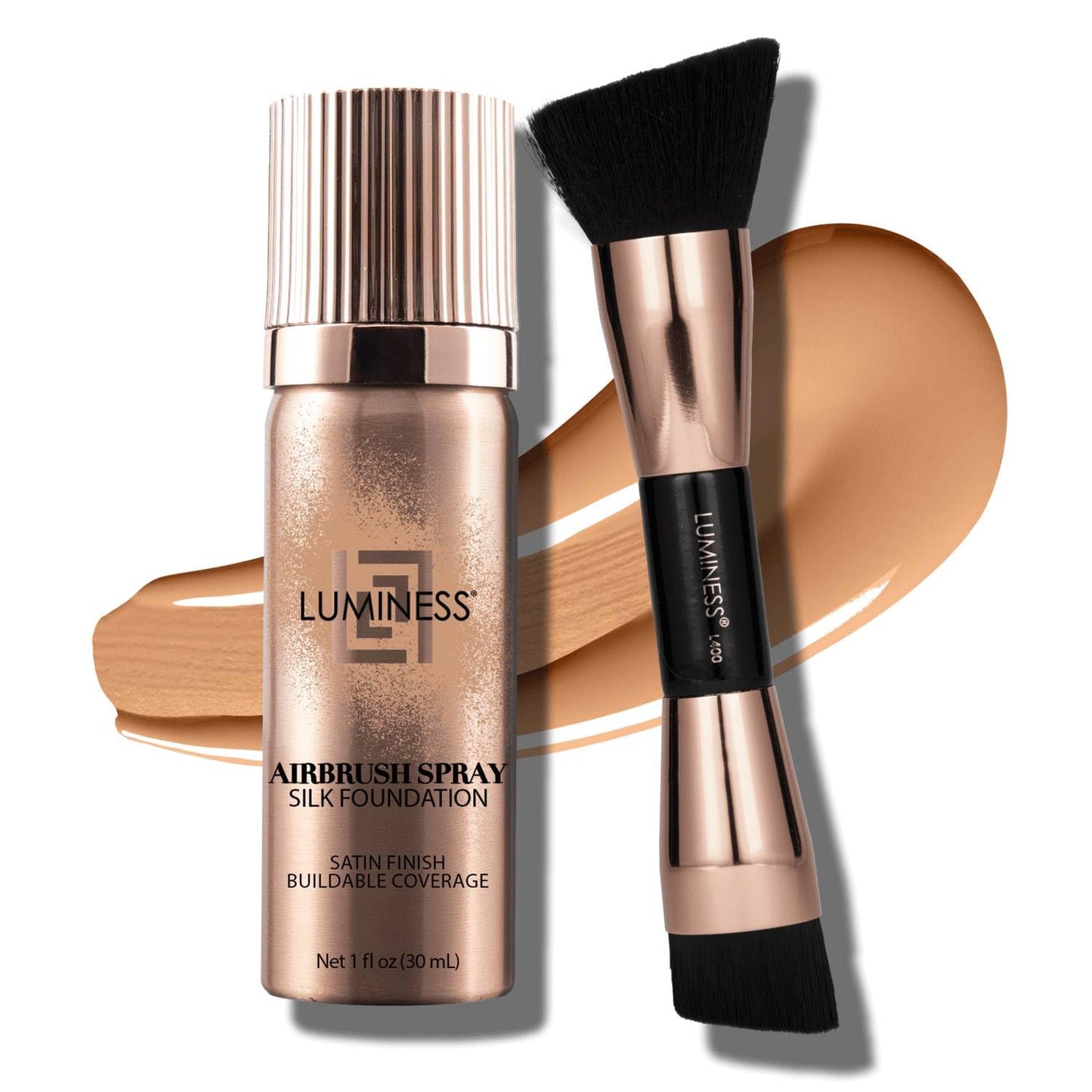 LUMINESS Silk Airbrush Spray Foundation 2-PC Kit - Foundation & Dual-Sided Angled Makeup Brush - Buildable Coverage, Anti-Aging Formula, Humidity Resistant, Hydrates & Moisturizes, Light Warm