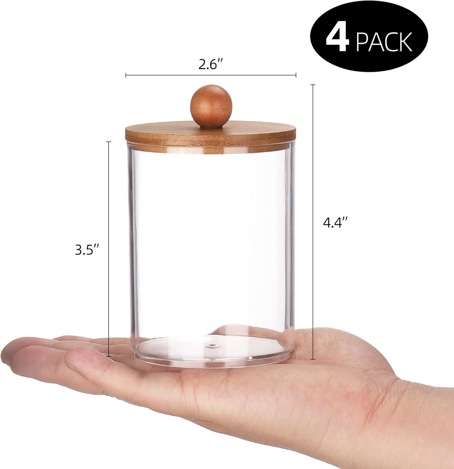 Tbestmax 4 Pack Qtip Holder Dispenser, Plastic Bathroom Organizer and Storage Containers, 10oz Apothecary Jars with Brown Bamboo Lid for Cotton Ball, Cotton Swab, Floss