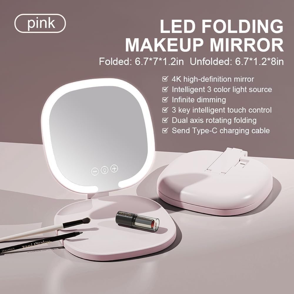 Rechargeable LED Travel Makeup Mirror, 3-Color Lighting, Dimmable Touch Screen, Multi Angle Adjustable, Foldable and Portable Desktop Vanity Mirror with Storage Tray(Pink)