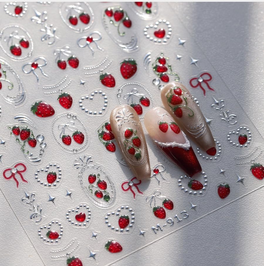 1Sheet Cherry Nail Stickers Summer Nail Decals 5D Embossed Bow Cherry Hot Stamped Gold Bow Heart Shape Star Jelly Design Summer Nails Supplies Pearl Chain Exquisite Nail Decor for Women DIY Manicure