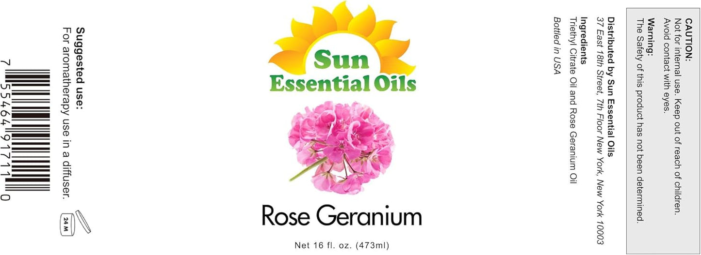 Sun Essential Oils - Rose Geranium Essential Oil 16oz for Aromatherapy, Diffuser, Calming, Skin Care