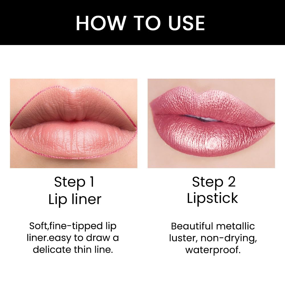 Kaely 2-in-1 Natural Pink Metallic Shine Shimmer Lip Liner & Lipstick Combo Set Kit for Women, Lightweight Hydrating Formula High Impact Full Coverage Lipstick and Lip Liner Makeup Gloss 20
