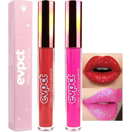 evpct 2Pcs Ruby Red Rose Pink Matte to Glitter Liquid Lipstick Set Kit for Women Long Lasting Glossy Metallic Shimmer Sparkle Lipstick Lip Gloss 3+11
